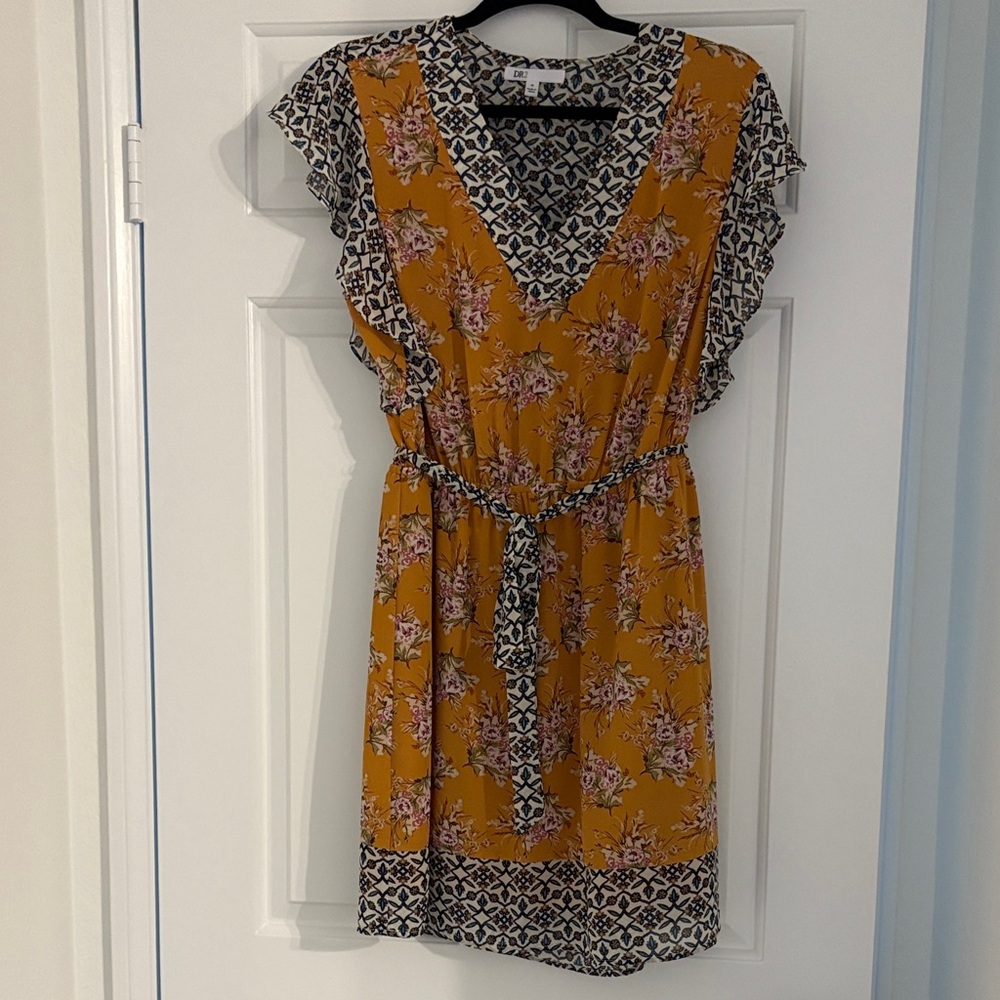 DR2 Mustard Floral Mini Dress with Ruffle Sleeves